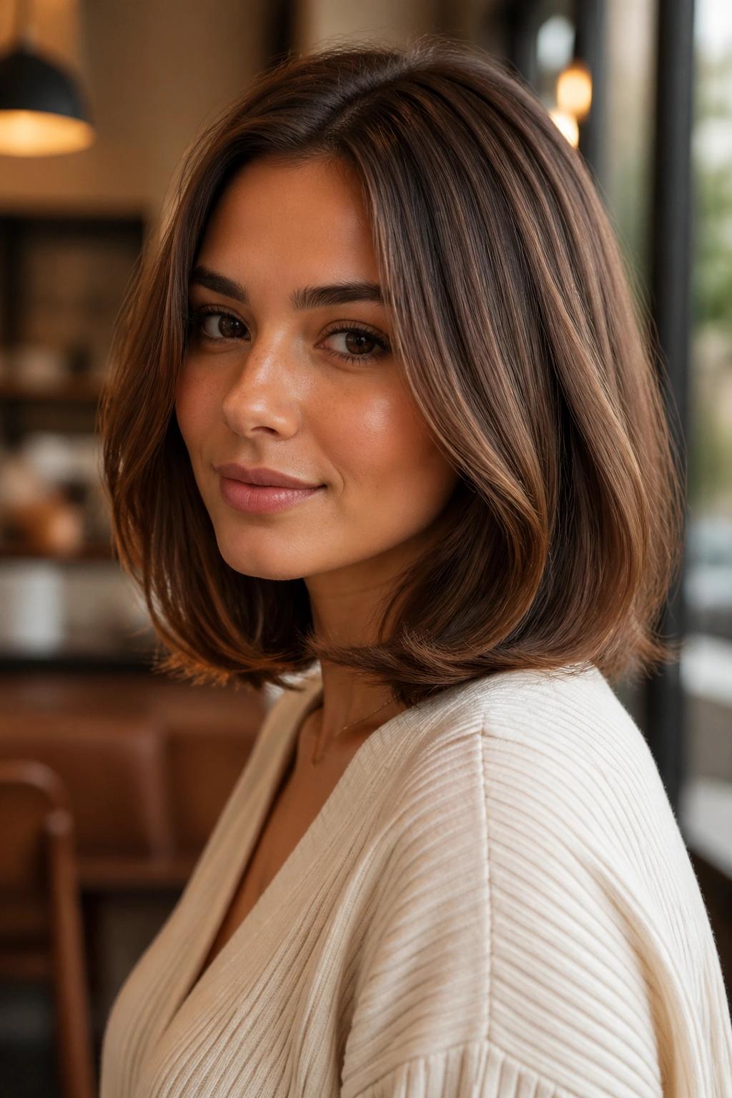Close-up portrait of a real woman with curved-end shoulder cut and inward-curving ends.