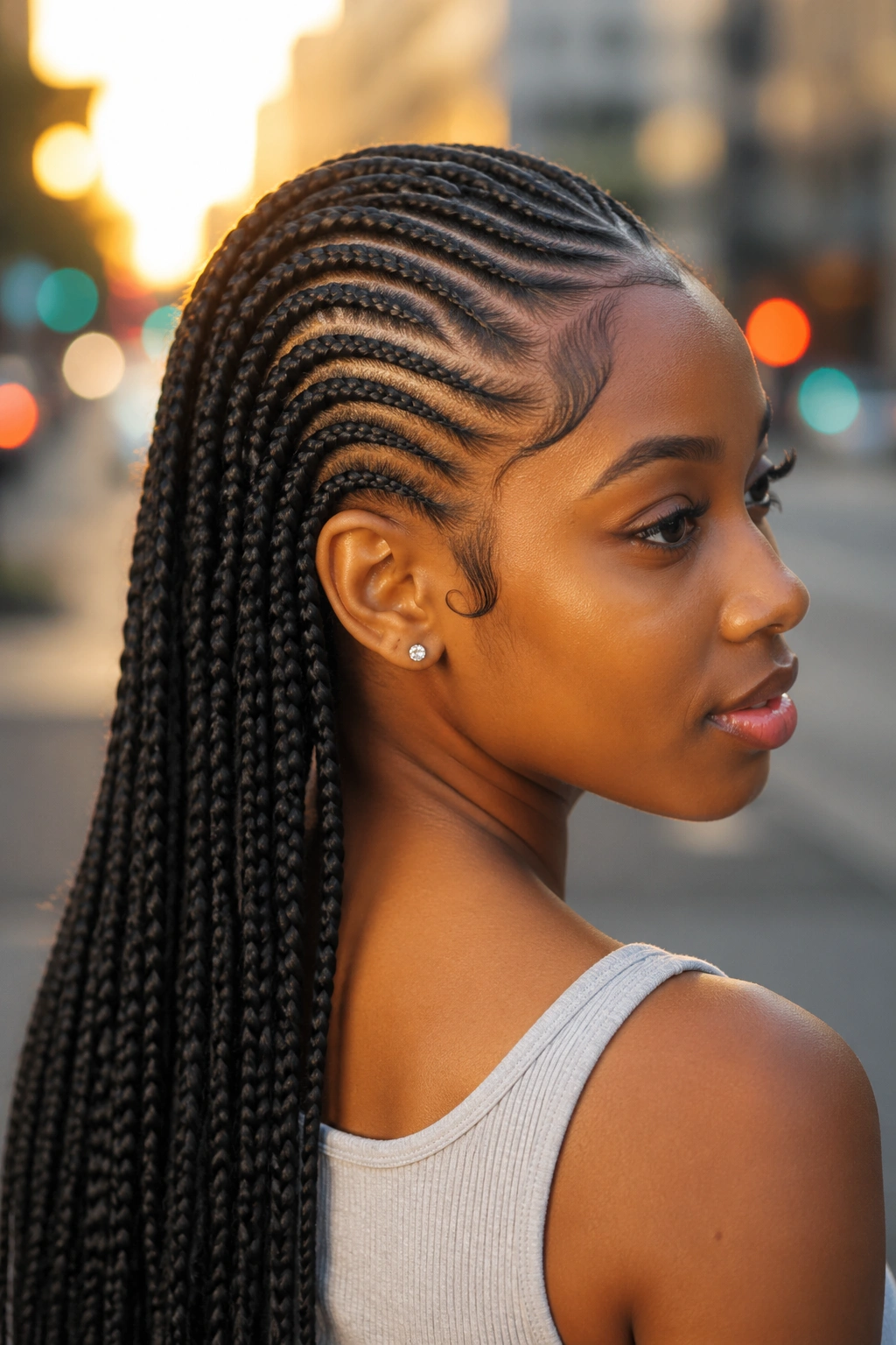 Close-up of a real woman with curved feed-in cornrows into box braids