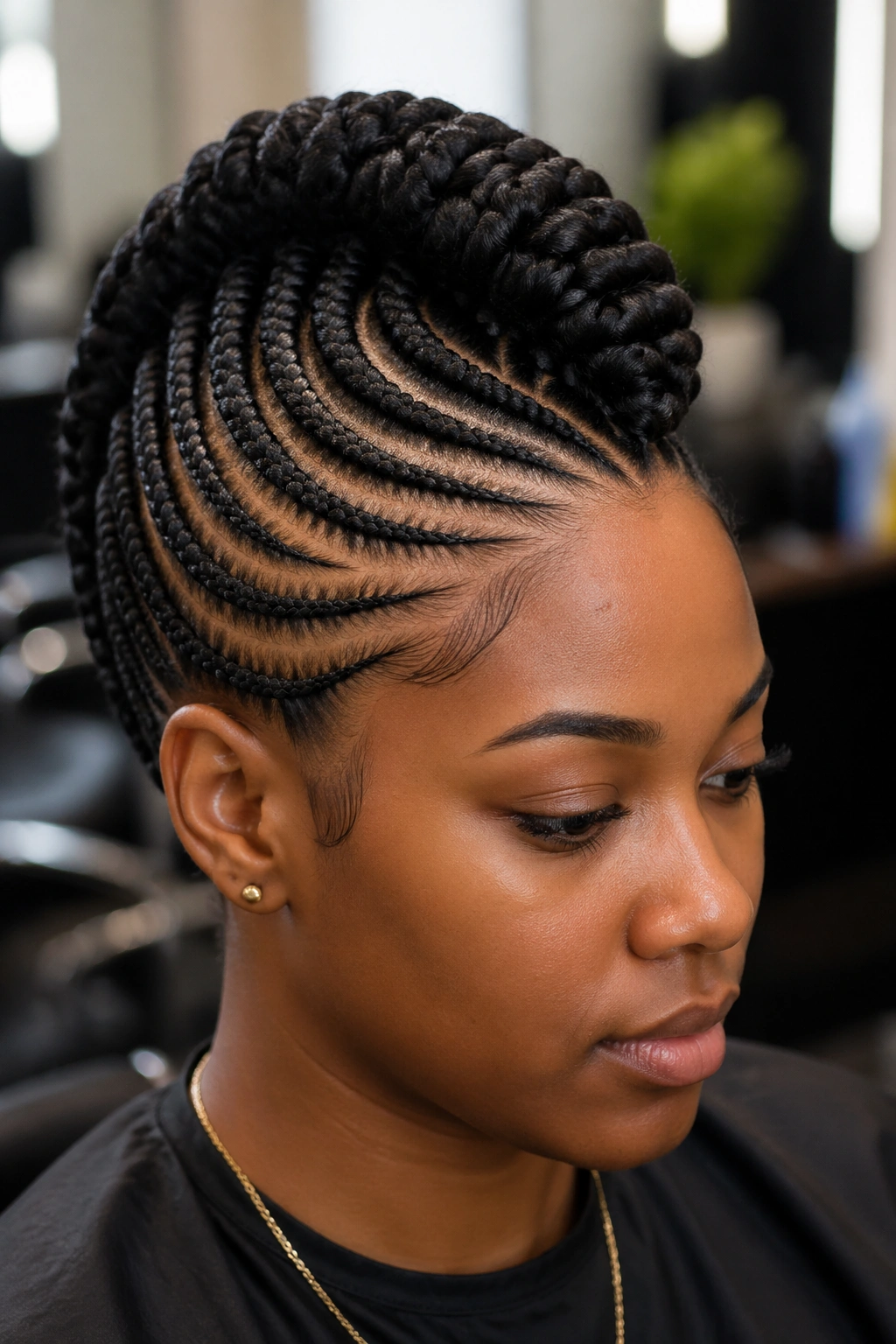 Close-up portrait of a real woman with curved mohawk braids following the hairline
