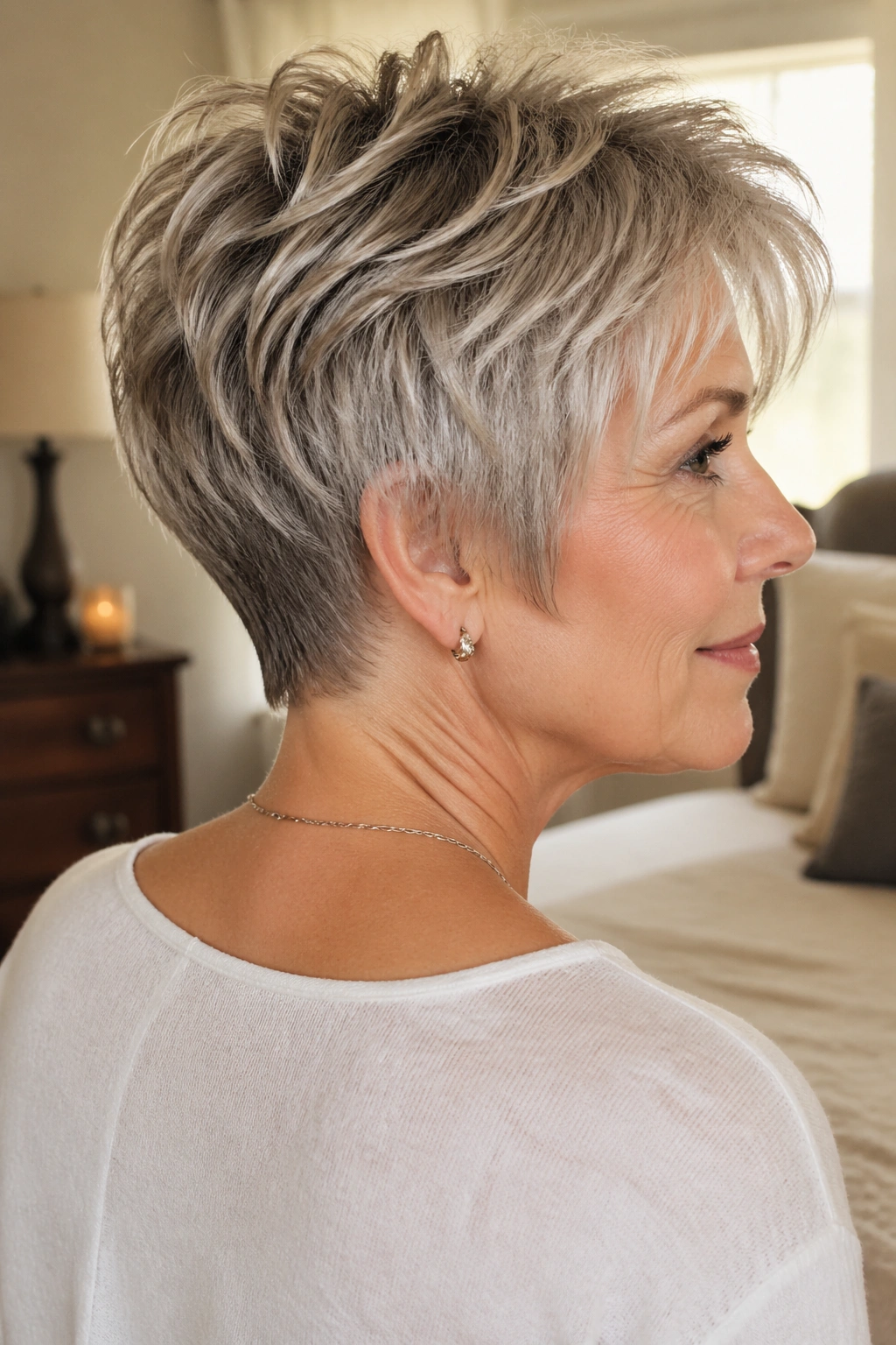 Three-quarter portrait of a real woman with Curved Nape Crop With Crown Lift