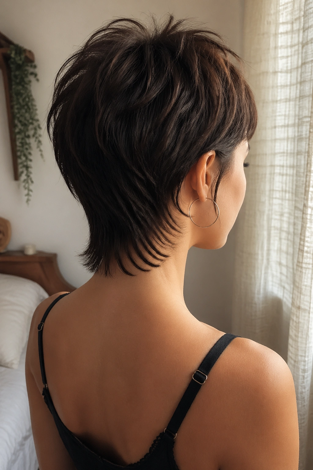 Back view of real woman with curved-nape pixie mullet showing neckline curve