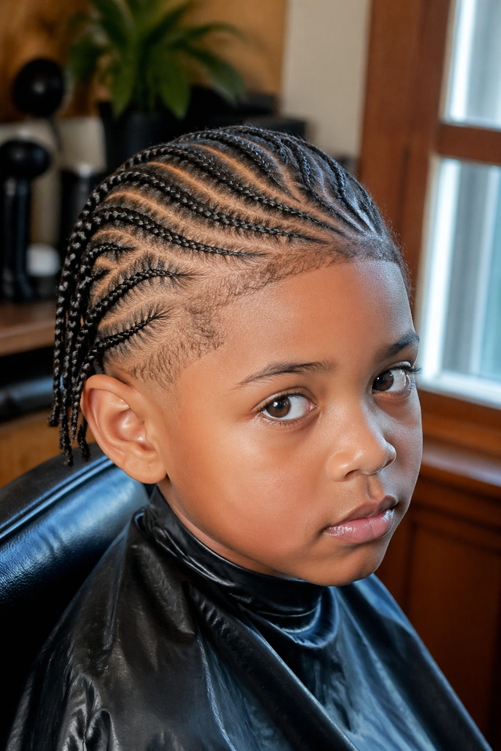 Close-up of a real boy with curved-part braids tracing curved arcs on the scalp