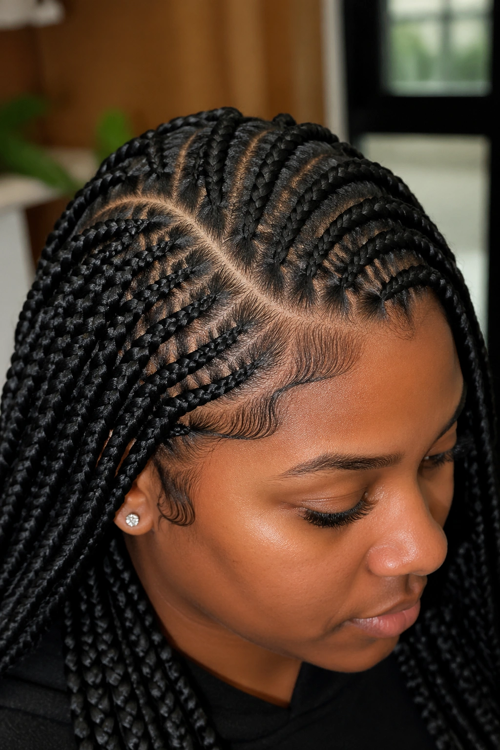 Portrait of a real person with curved-part box braids highlighting the curved crown part