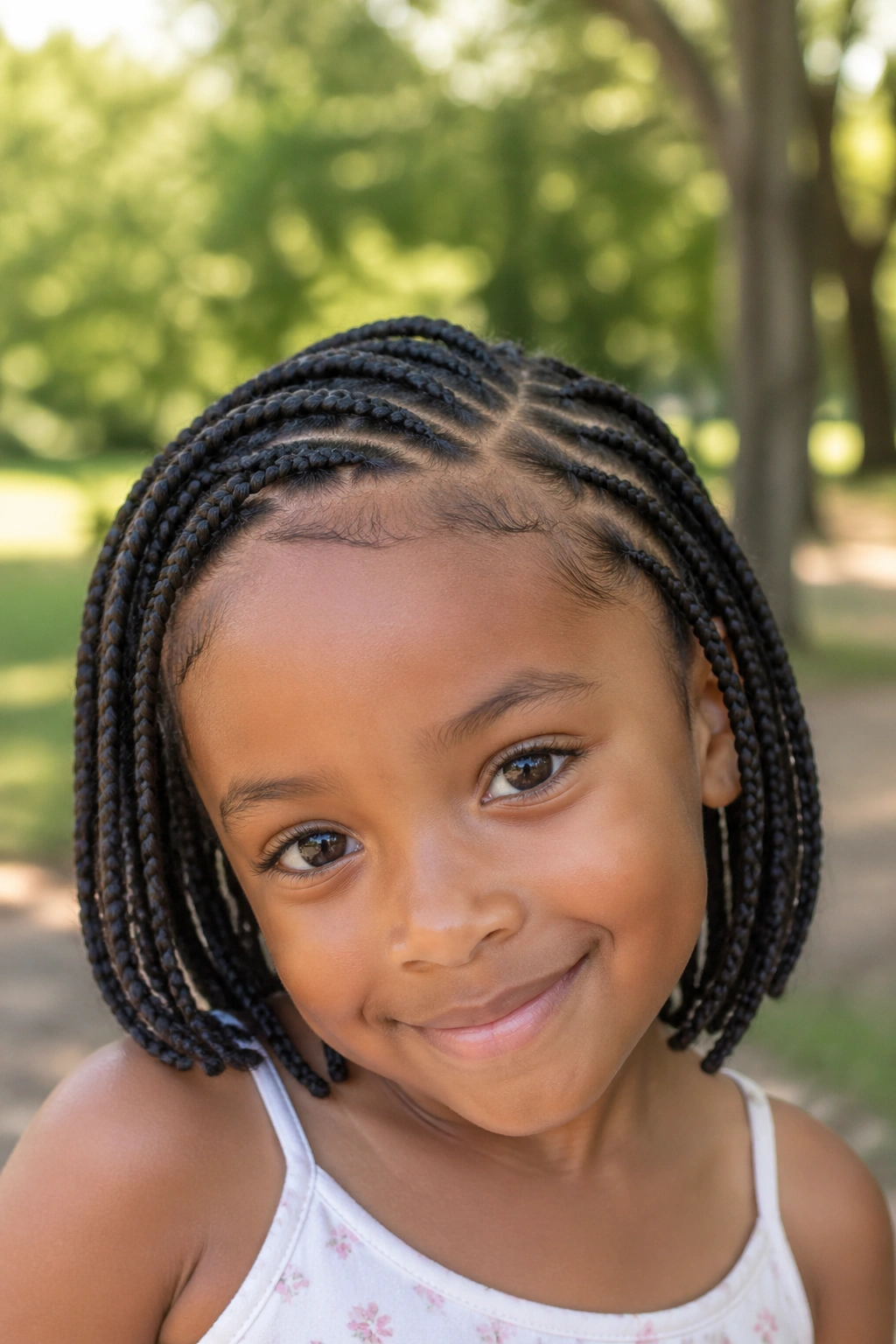 Close-up of a girl with curved-part short box braids in an outdoor park