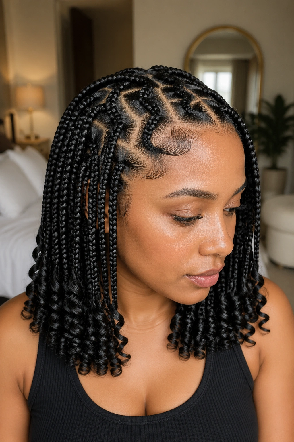 Close-up of a real woman with curved parting knotless braids and curly ends