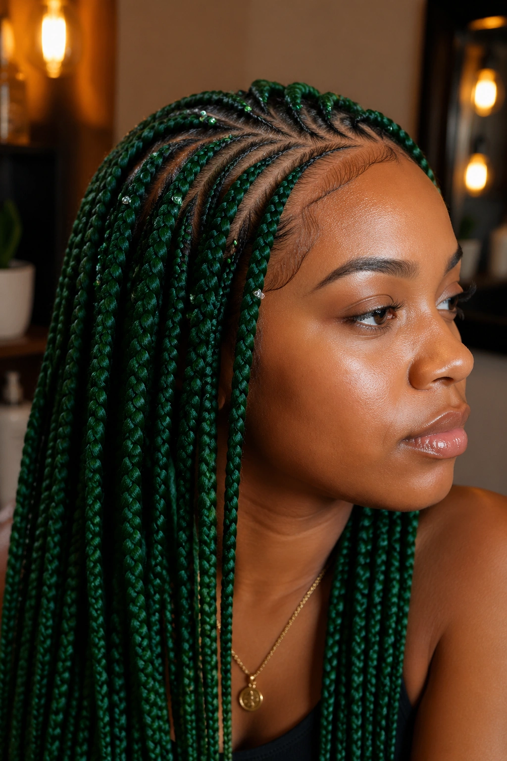 Real person with green box braids curved parting and seed beads along the hairline