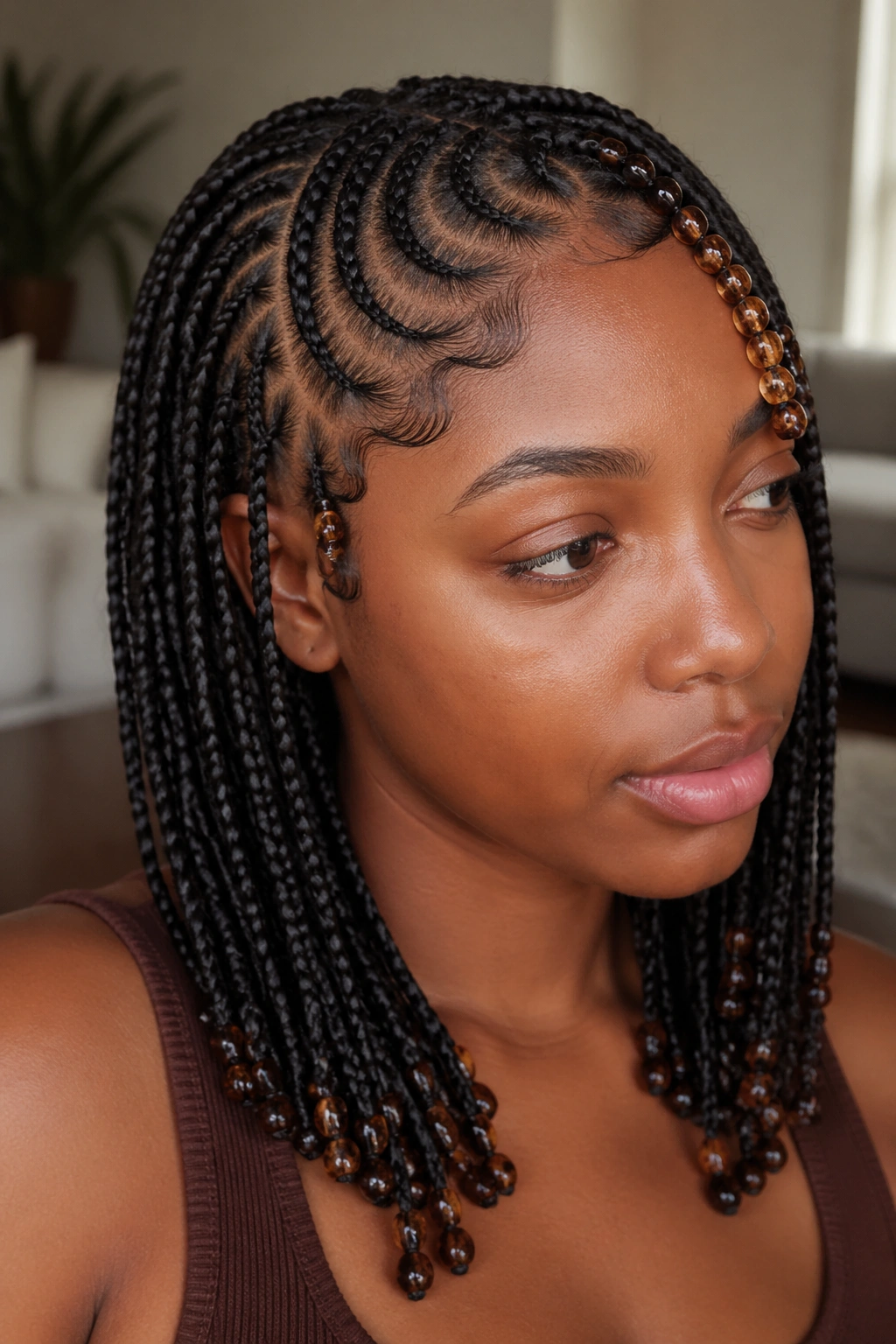 Portrait of knotless braids with curved parts and beads along the hairline