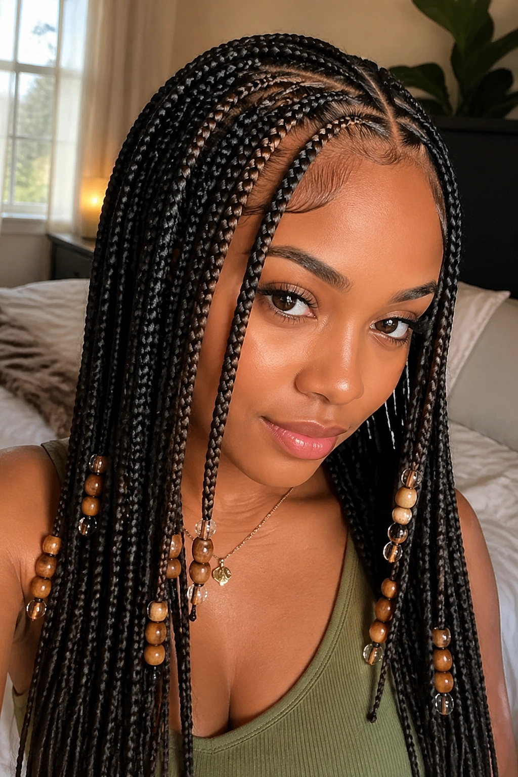 Close-up of curved parting on knotless box braids with beads framing the face