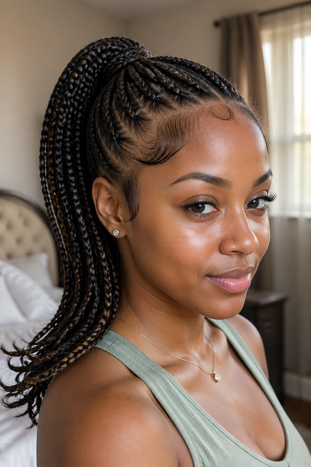 Close-up of real person with curved ponytail and swoop hairstyle