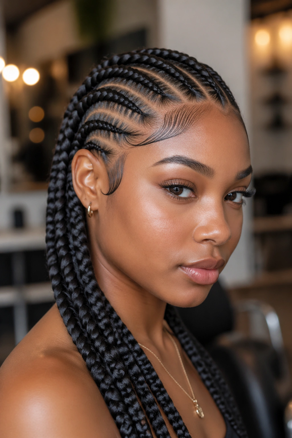 Close-up of a real woman with curved-row jumbo feed-ins along the hairline