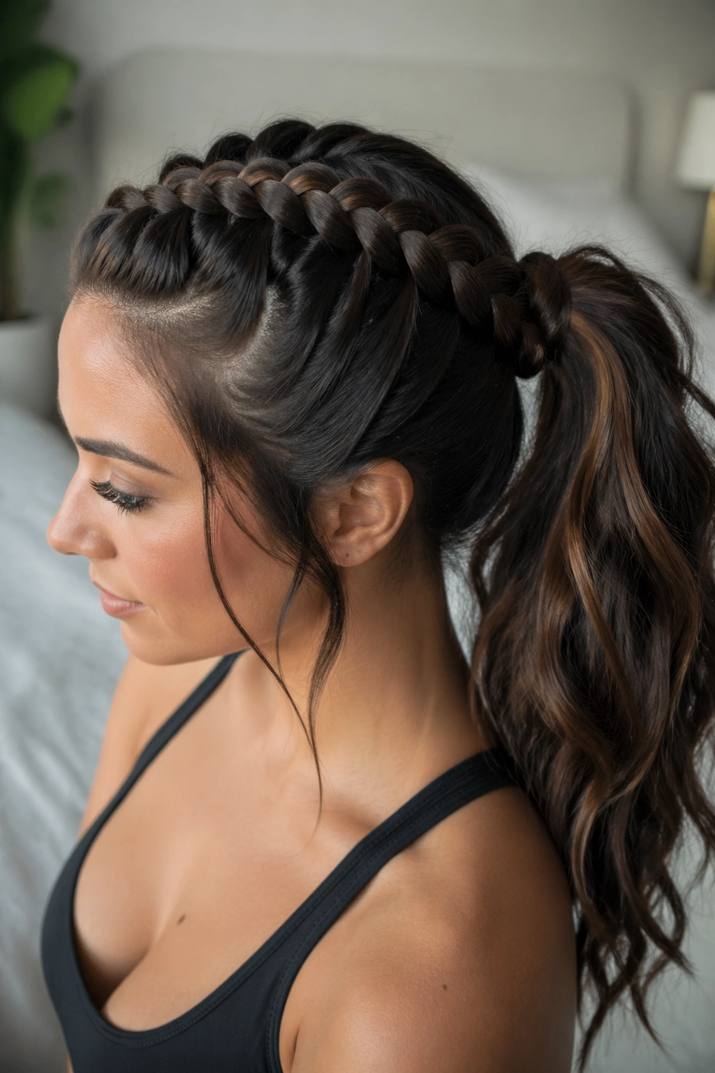 Close-up of curved crown-to-tail snake braid ponytail on a real woman in a softly lit bedroom