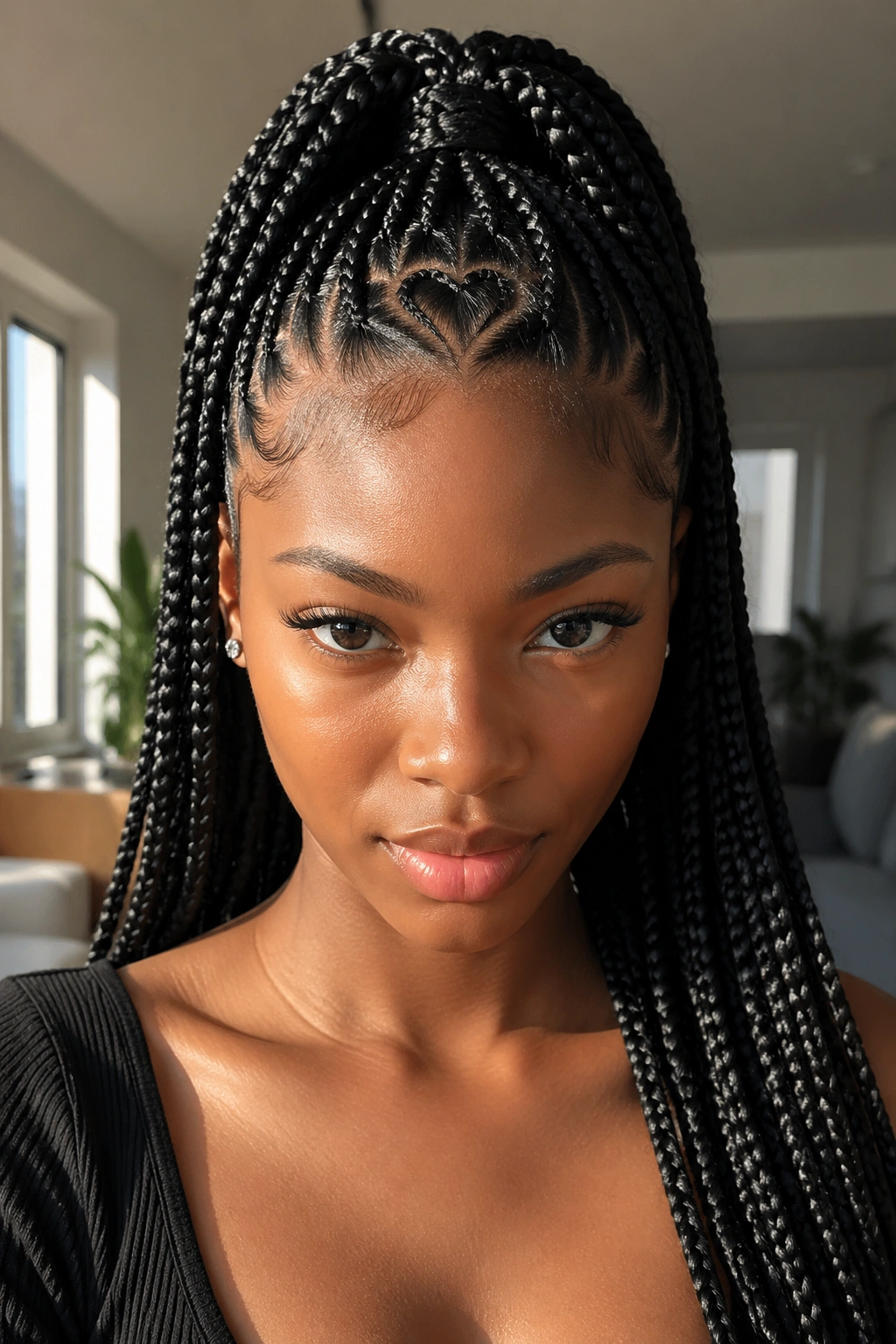 Close-up of a real person with sleek half-up braids and a cut-through heart