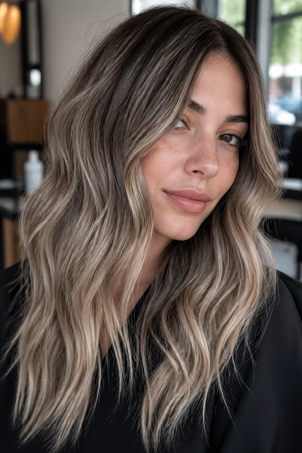 Close-up portrait of a woman with dark ash blonde ombré hair, roots dark and ends cool ash blonde.