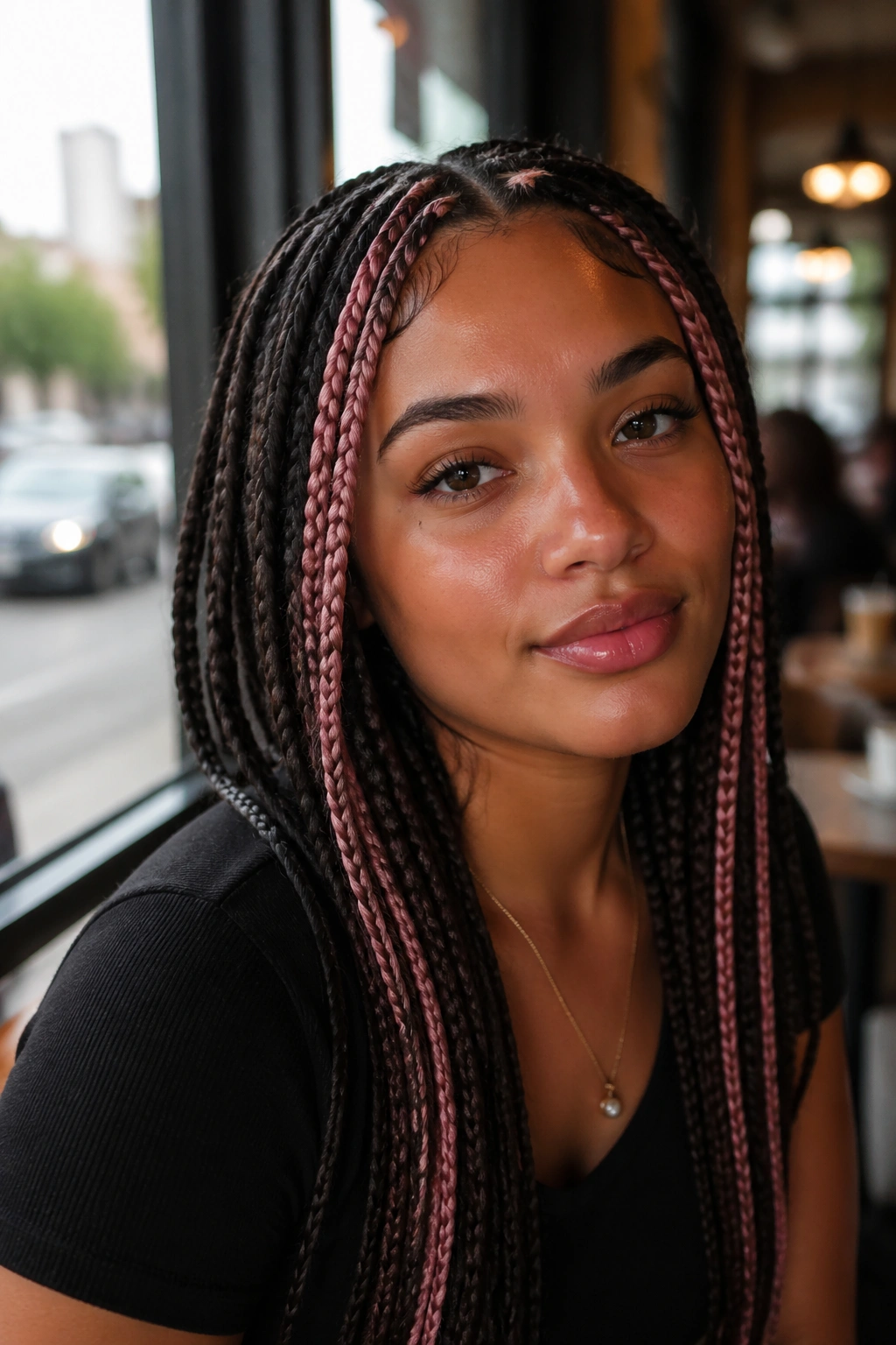 Close-up portrait of a woman with dark brown braids and blush money pieces framing her face