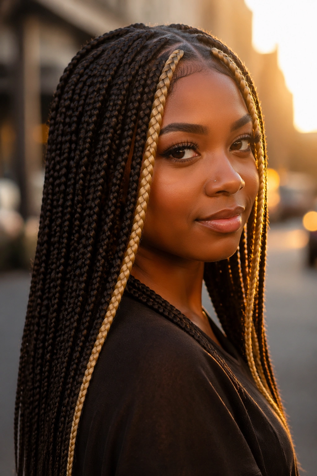 Close-up of dark brown box braids with blonde money pieces on a real person