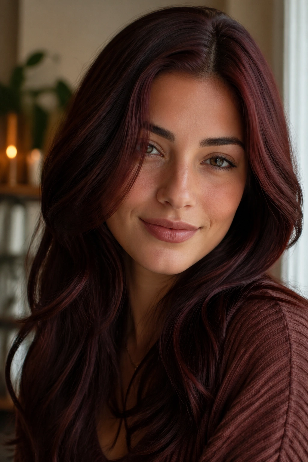 Close-up portrait of a real person with dark cherry brunette hair under warm window light