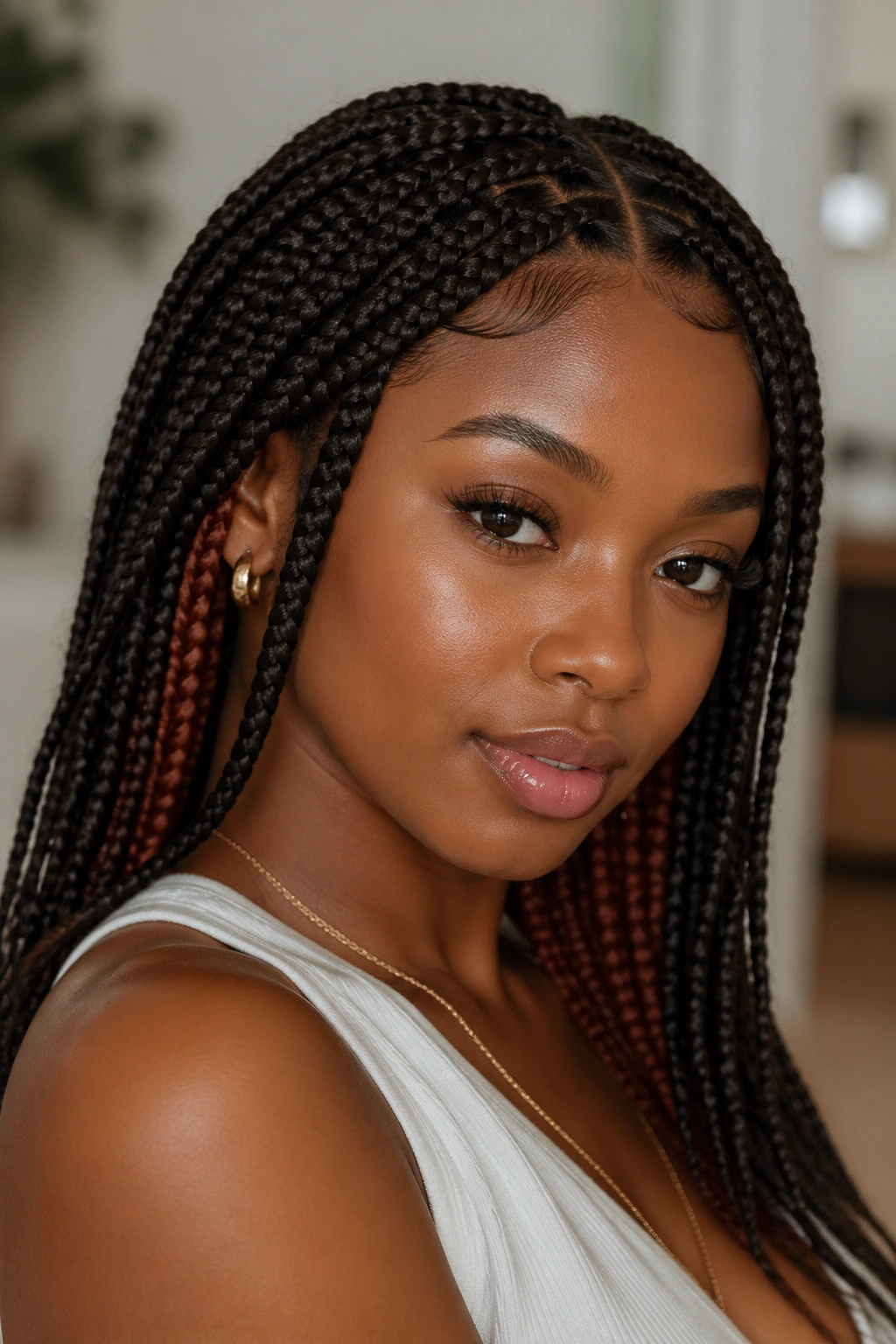 Real woman with dark chocolate braids and auburn peekaboo pieces