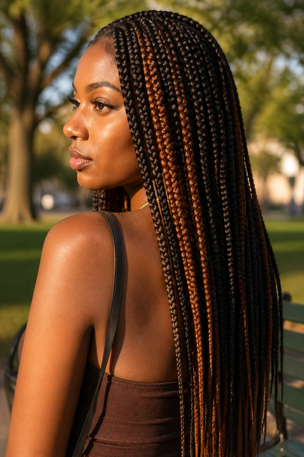 Three-quarter profile showing cinnamon panels in dark chocolate braids