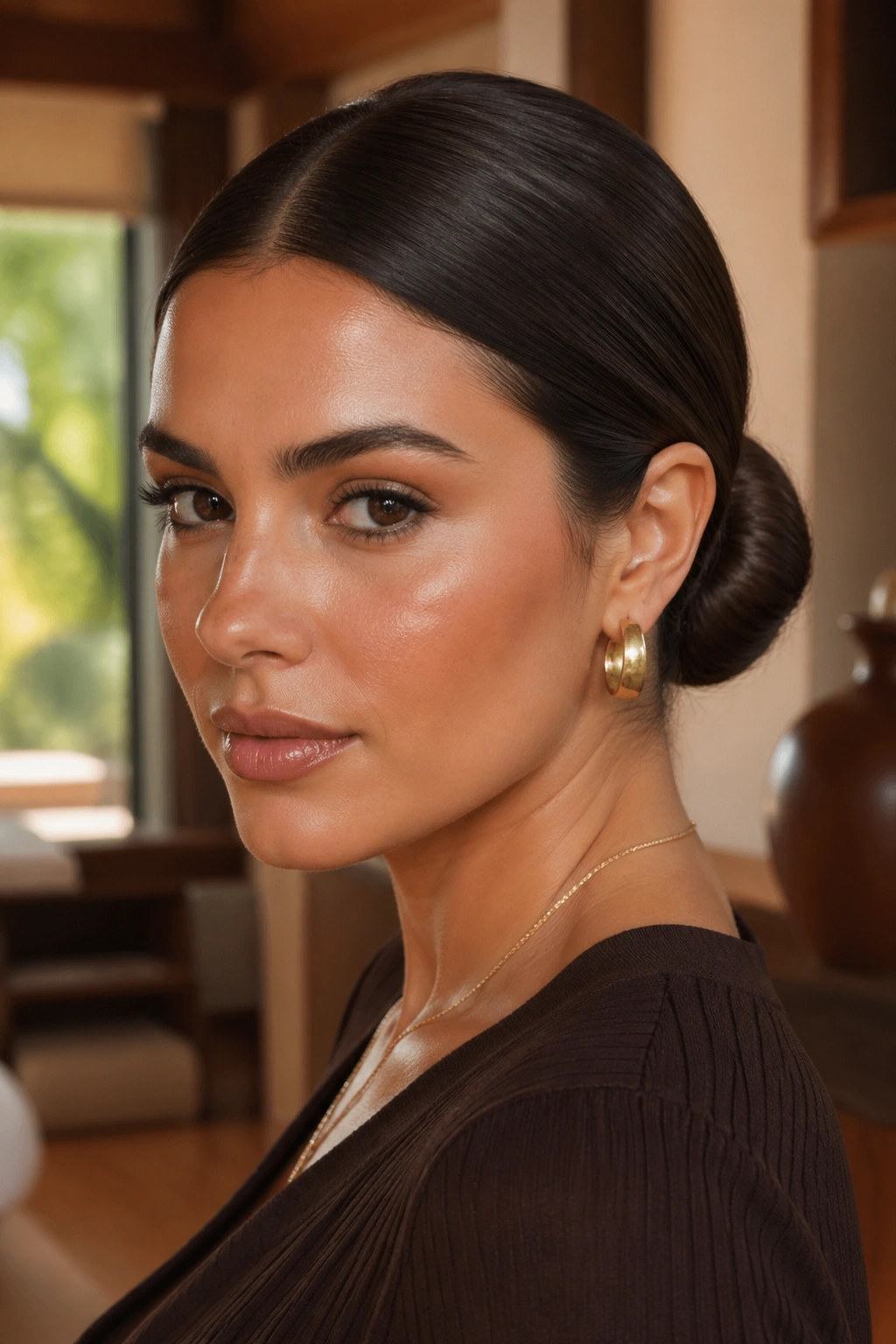 Close-up of a woman with a dark chocolate sleek bun under warm window light