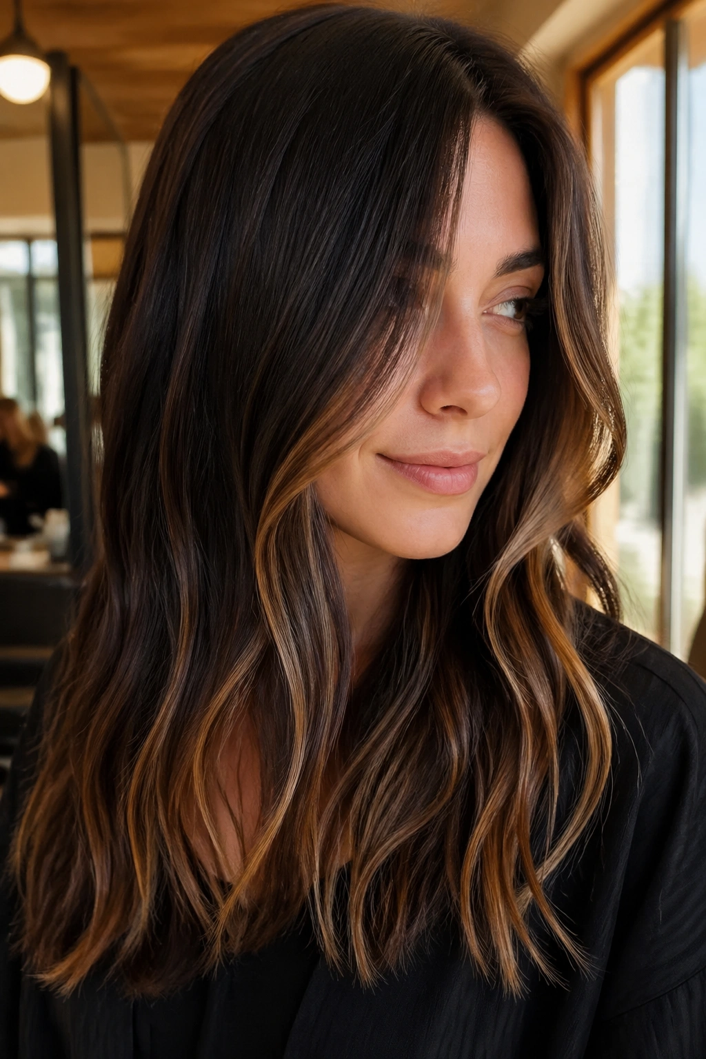Close-up of a real woman with dark chocolate roots and honey ribbon ombre ends in warm salon lighting
