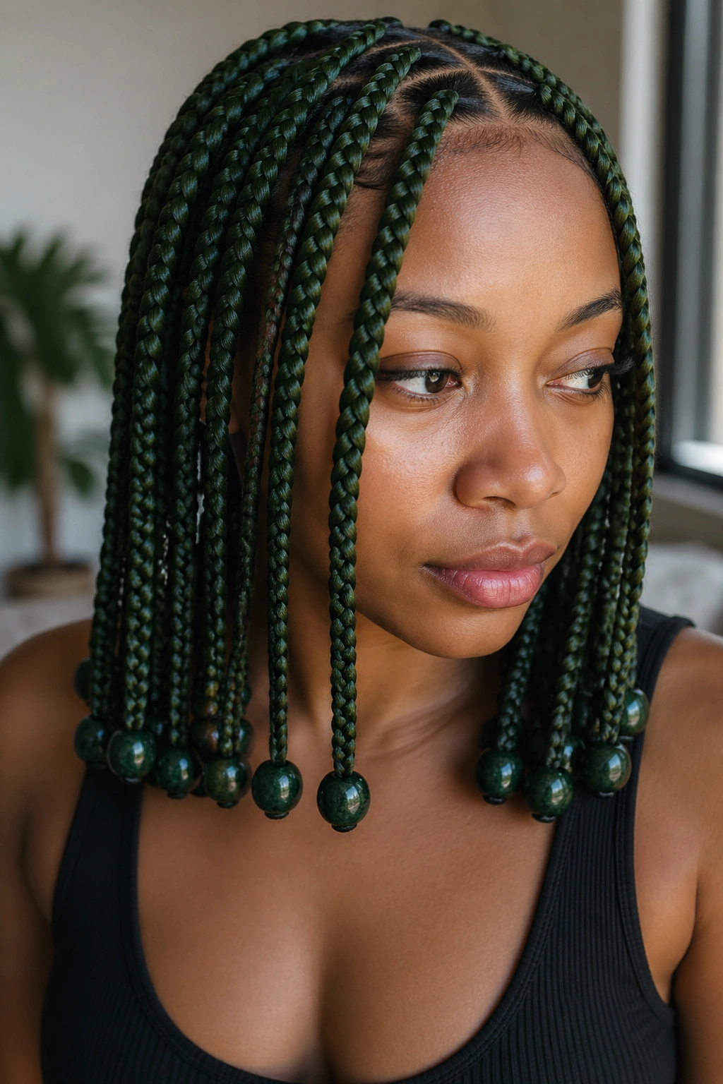 Close-up portrait of a real woman with dark green box braids and jumbo beads at the ends