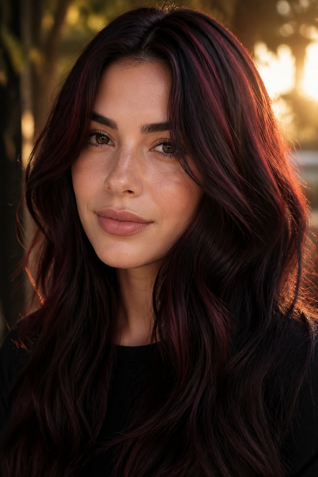 Close-up of a real woman with Dark Cherry Cola hair color showing glossy dark brown base and cherry-red shimmer in sunlight
