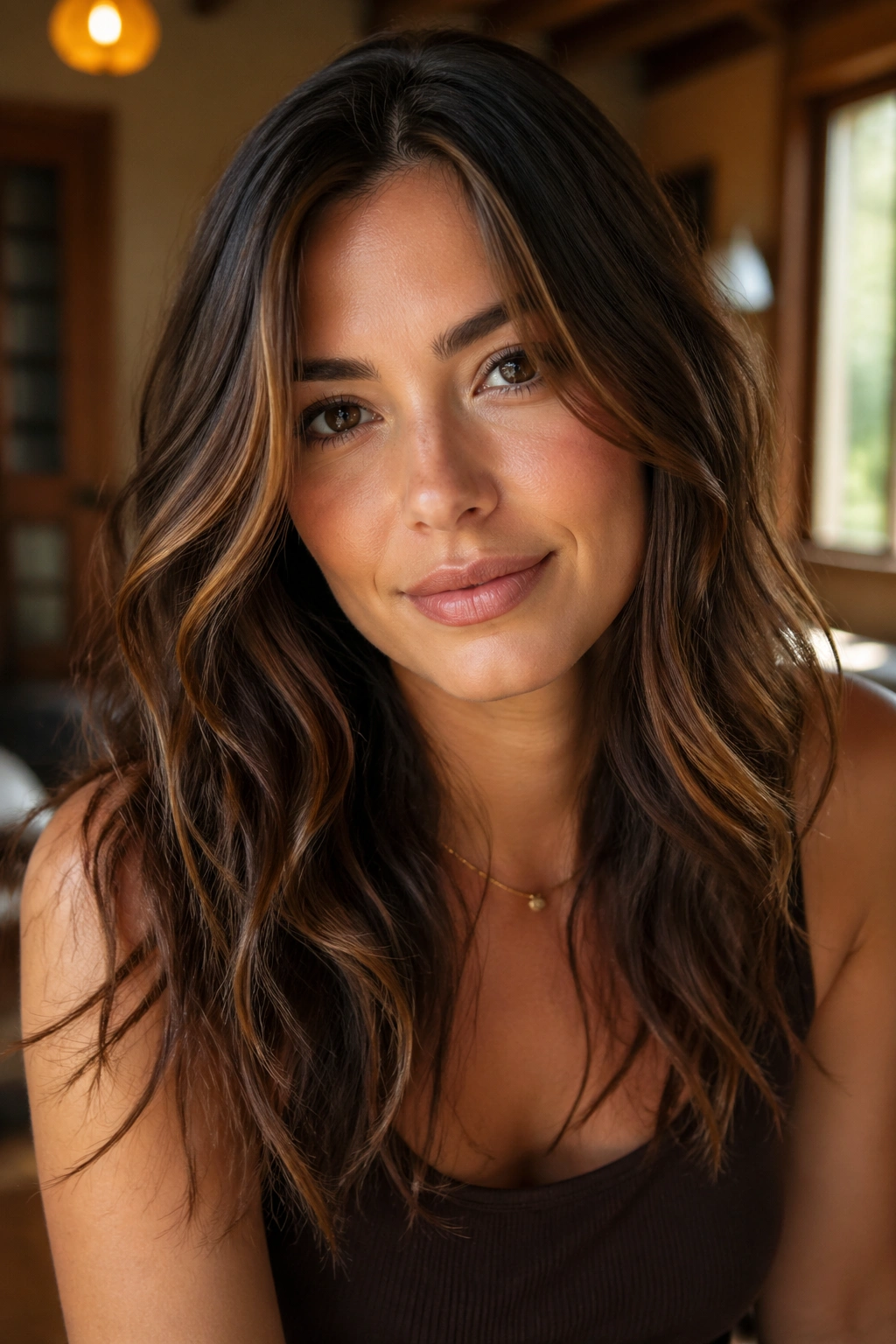 Close-up of a woman with dark maple brunette hair in warm indoors