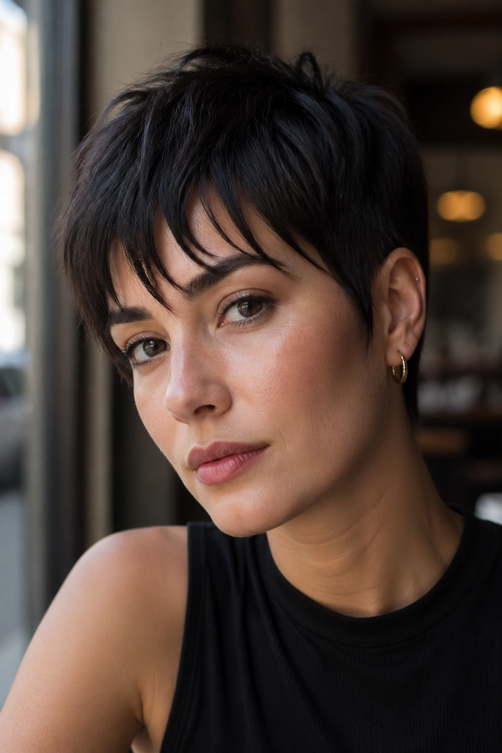 Close-up portrait of a real person with dark pixie and piecey fringe showing textured fringe segments