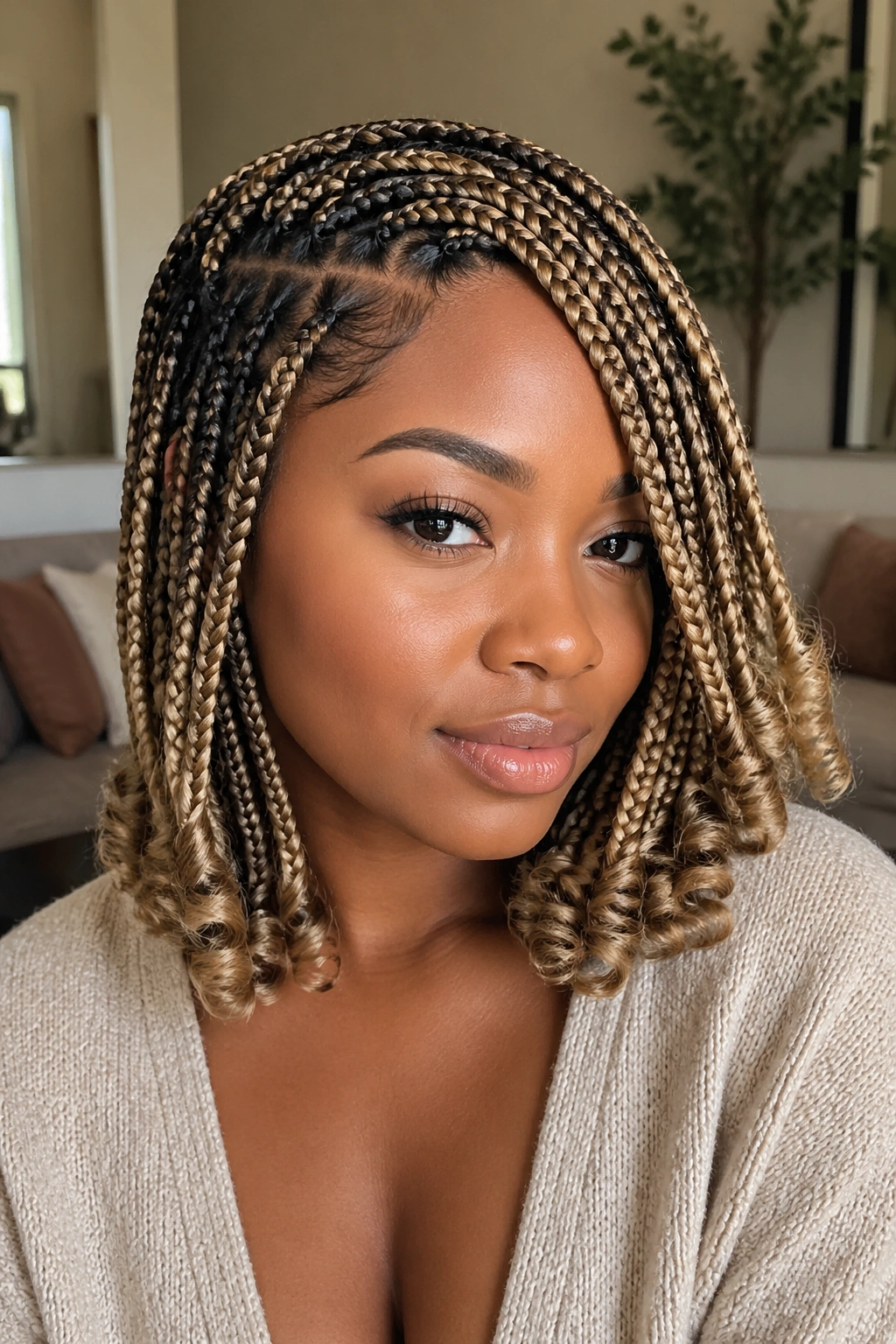 Close-up of a real woman with dark-root blonde side-swept box braids and curved ends.
