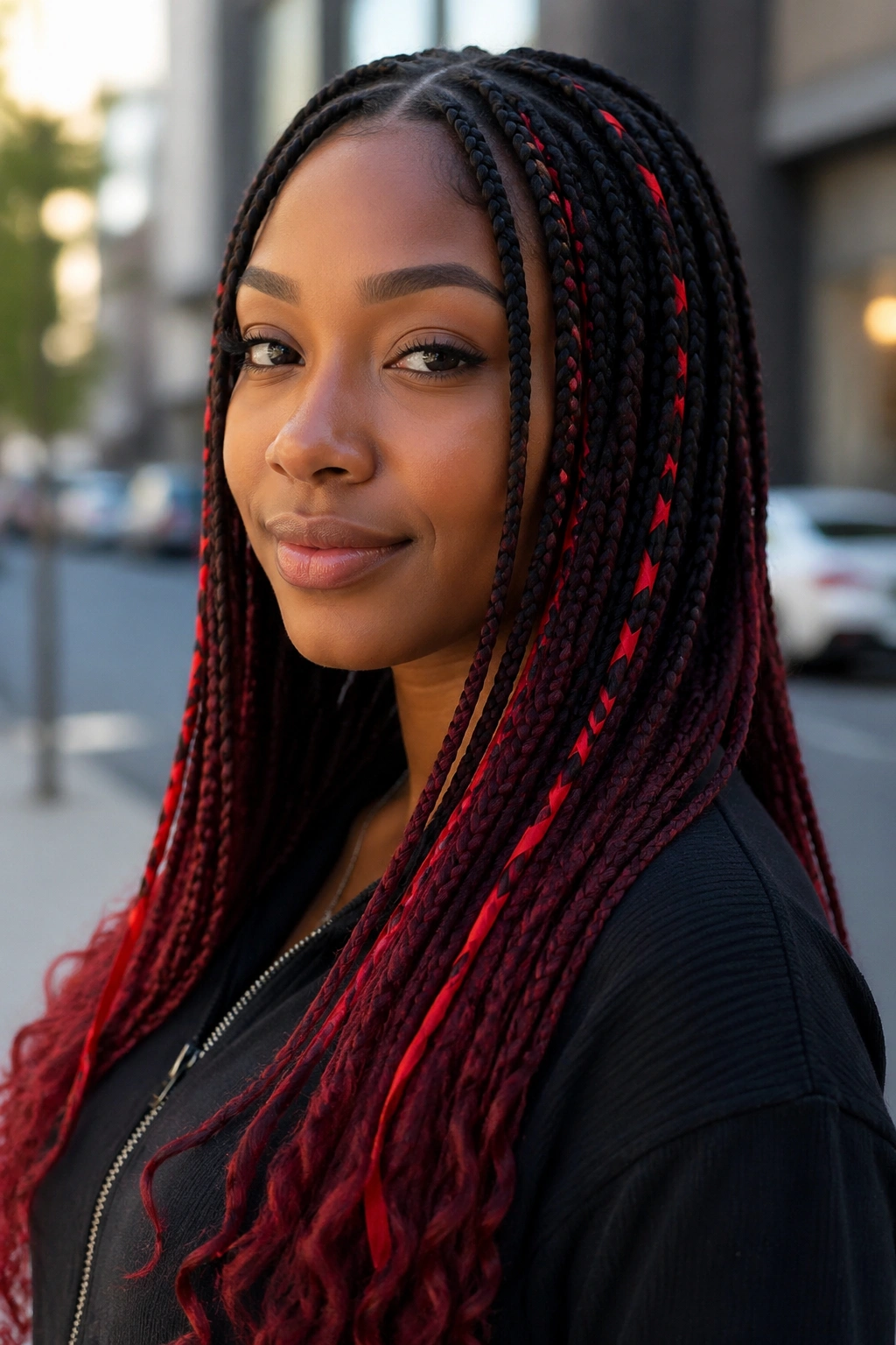 Close-up of a real woman with dark-root knotless braids and red ribbon accents