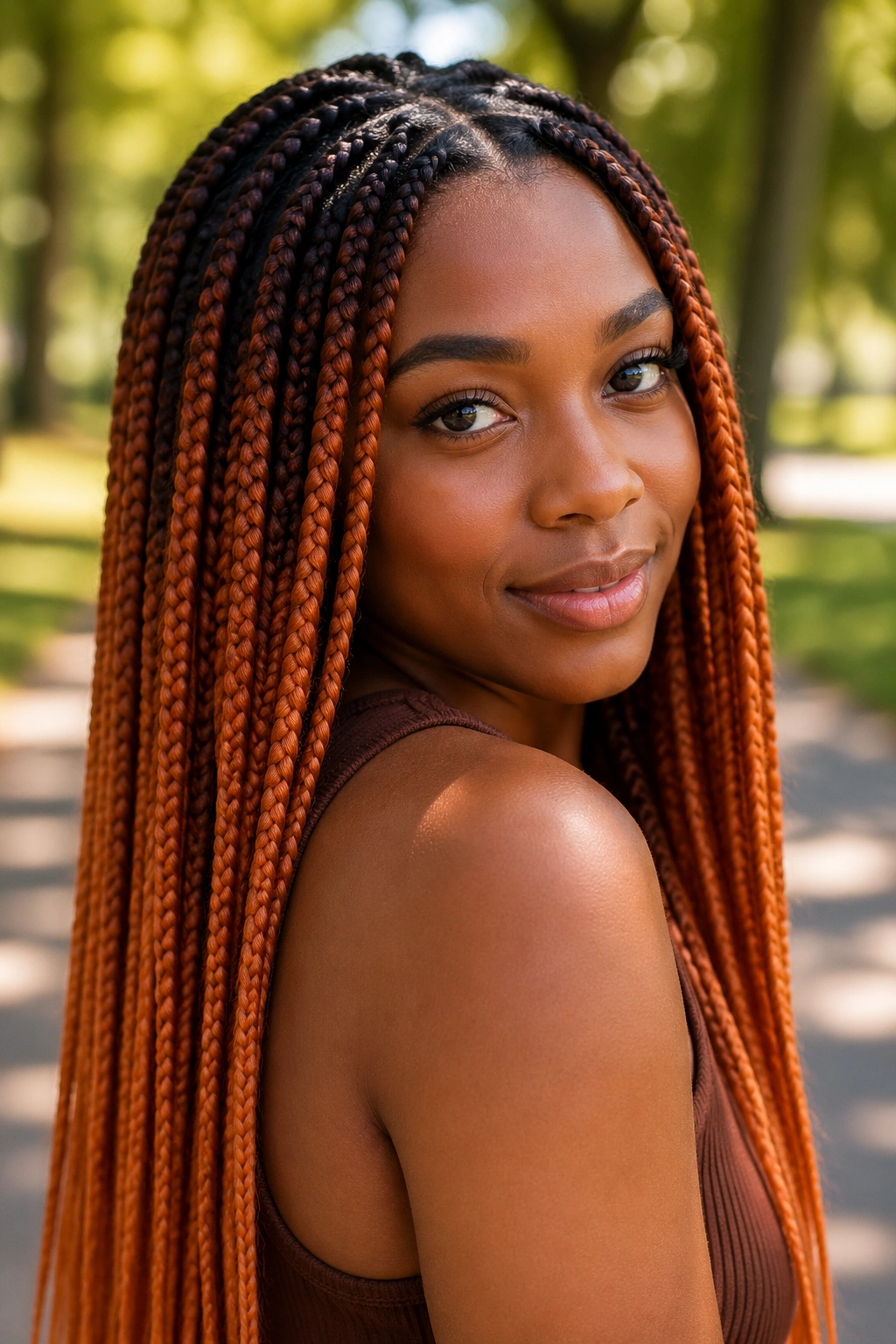 Close-up of a real Black woman with dark-root orange ombre box braids