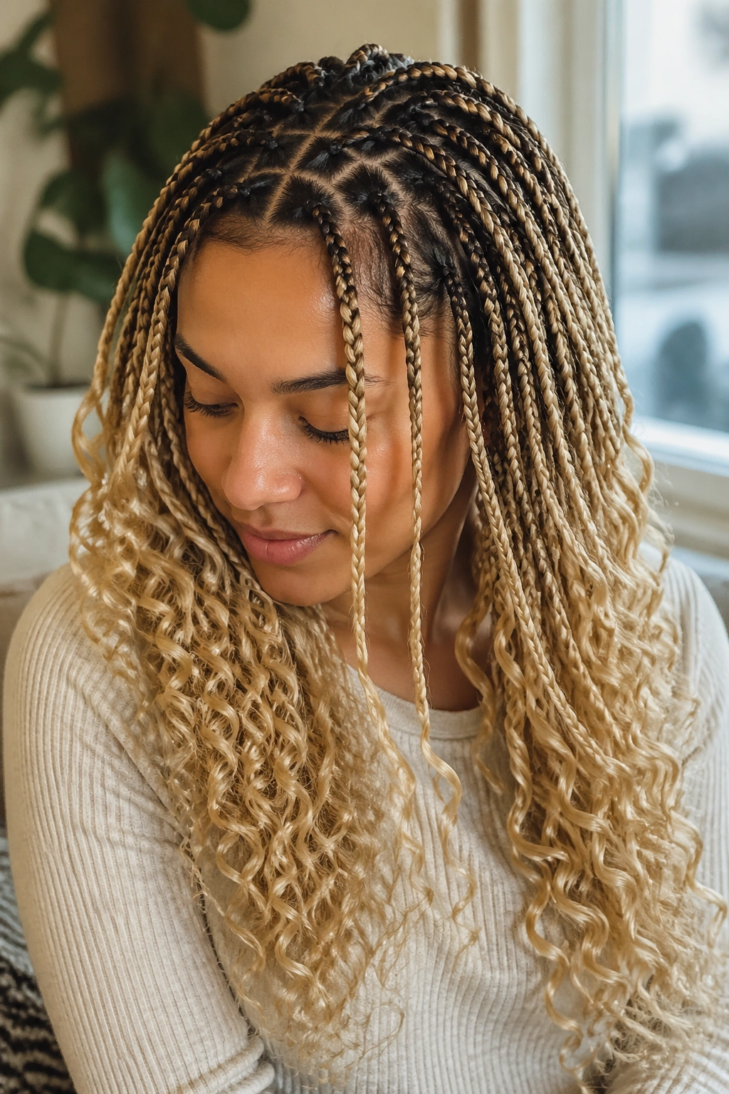 Close-up of real woman with dark-rooted blonde box braids and curly ends.