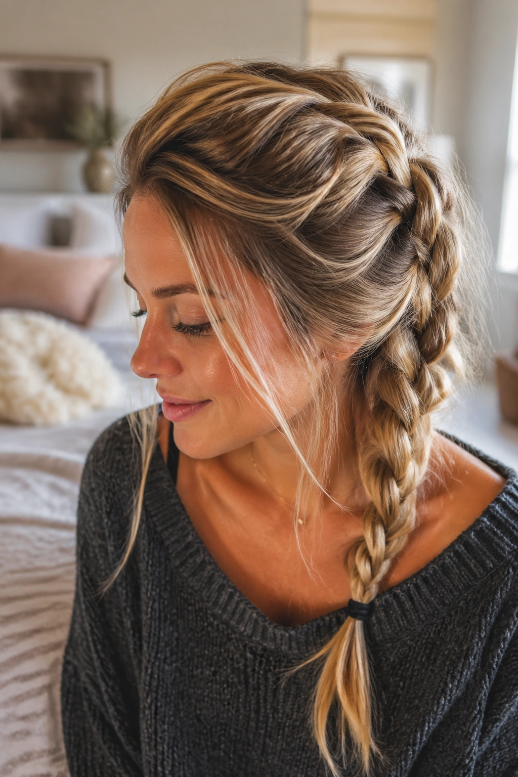 Close-up of real woman with day-old hair braided in a relaxed style with subtle crown lift