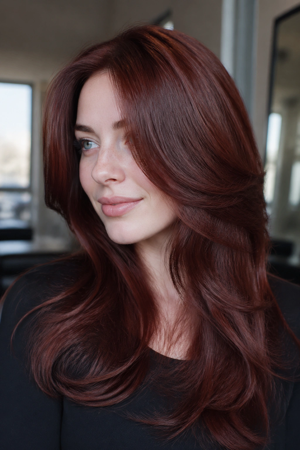 Close-up of a real woman with deep auburn long layered hair and a glossy finish