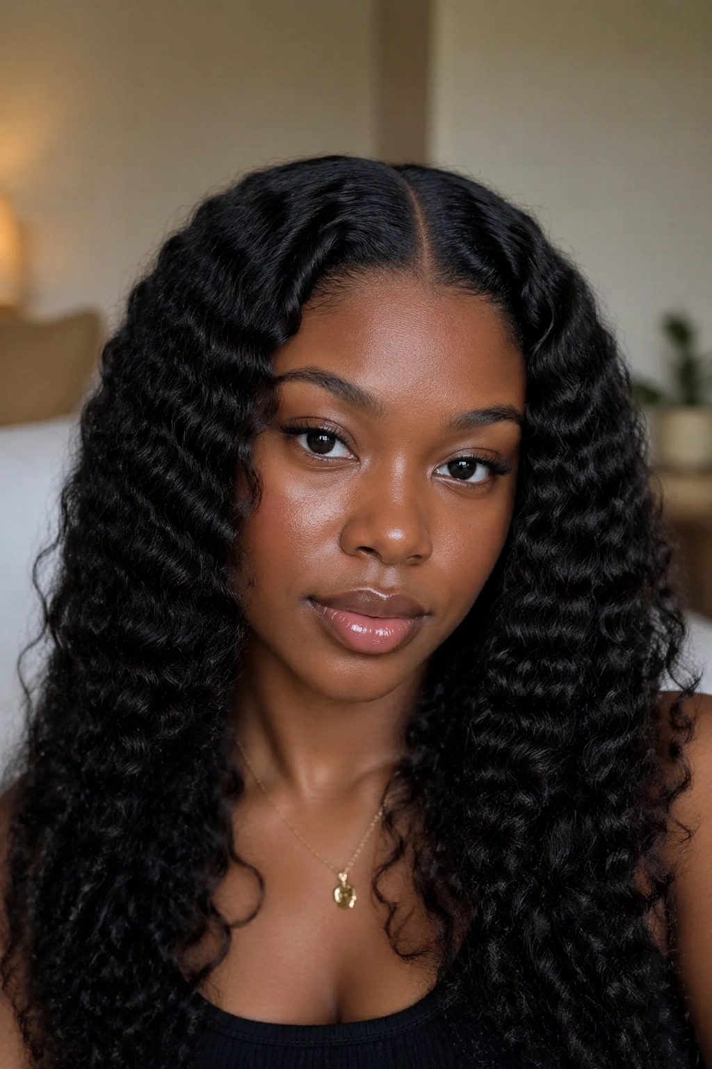 Real woman with deep center-part braid-out and balanced symmetrical waves.