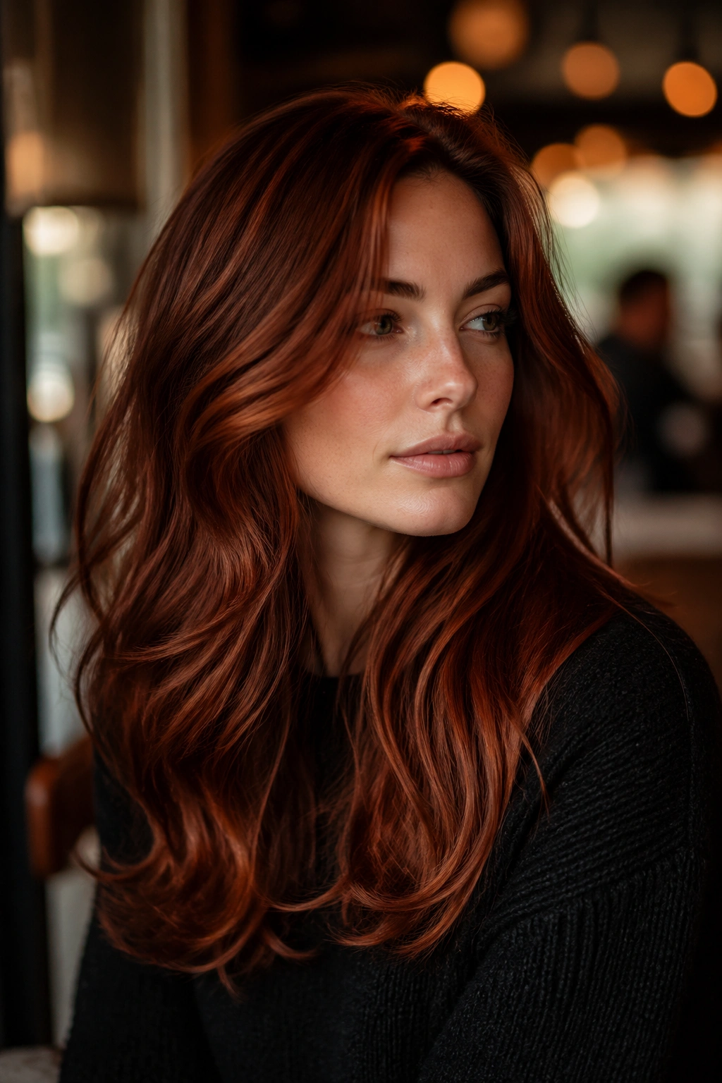 Close-up of a real person with deep cider auburn hair in warm cafe lighting