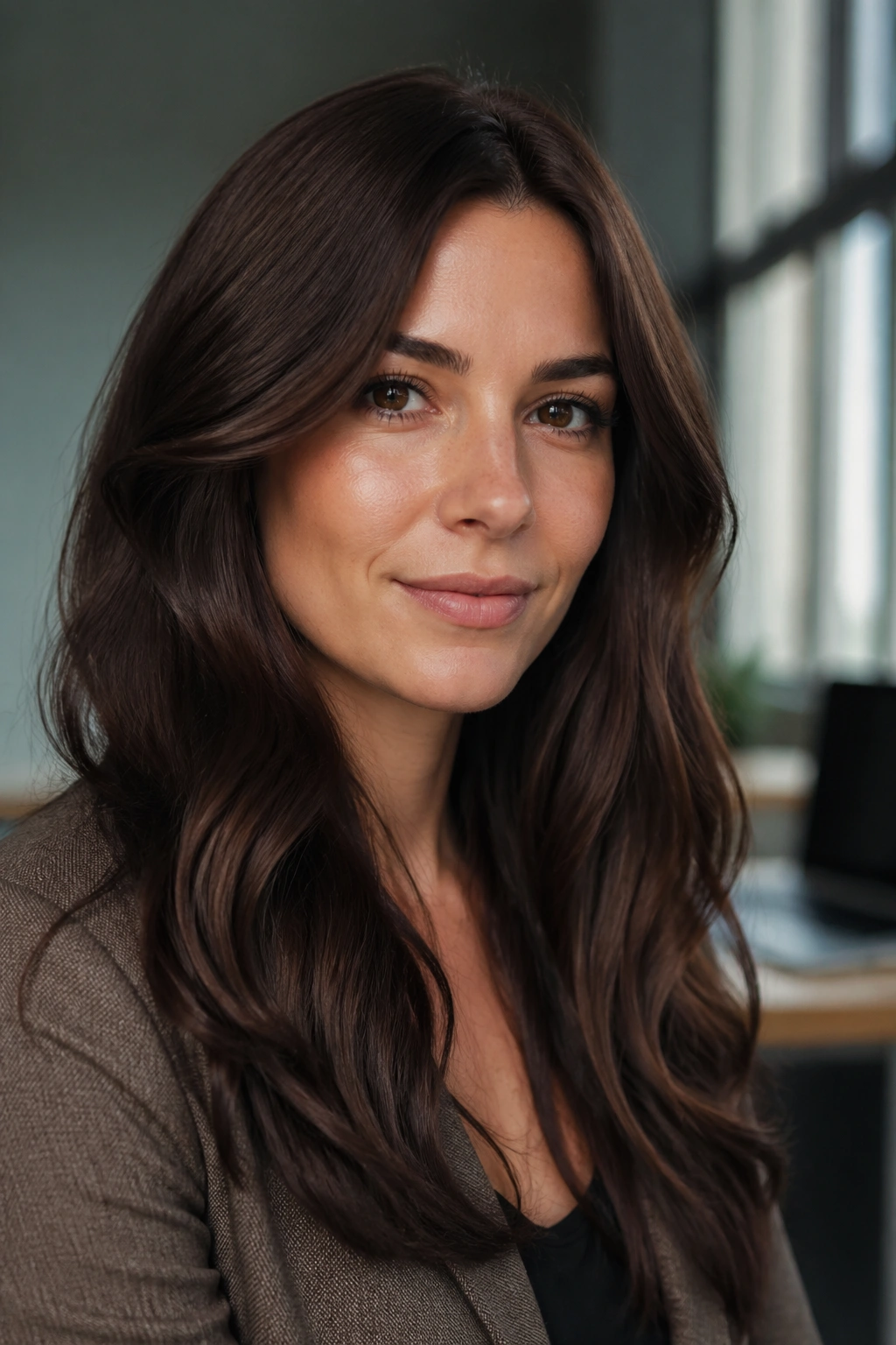Close-up of a real person with deep clove brown hair and warm undertone in side light.