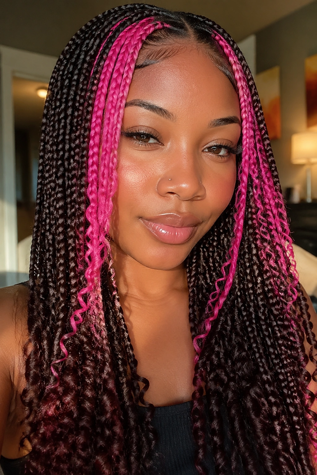 Real person with deep cocoa box braids and hot pink money pieces framing the face
