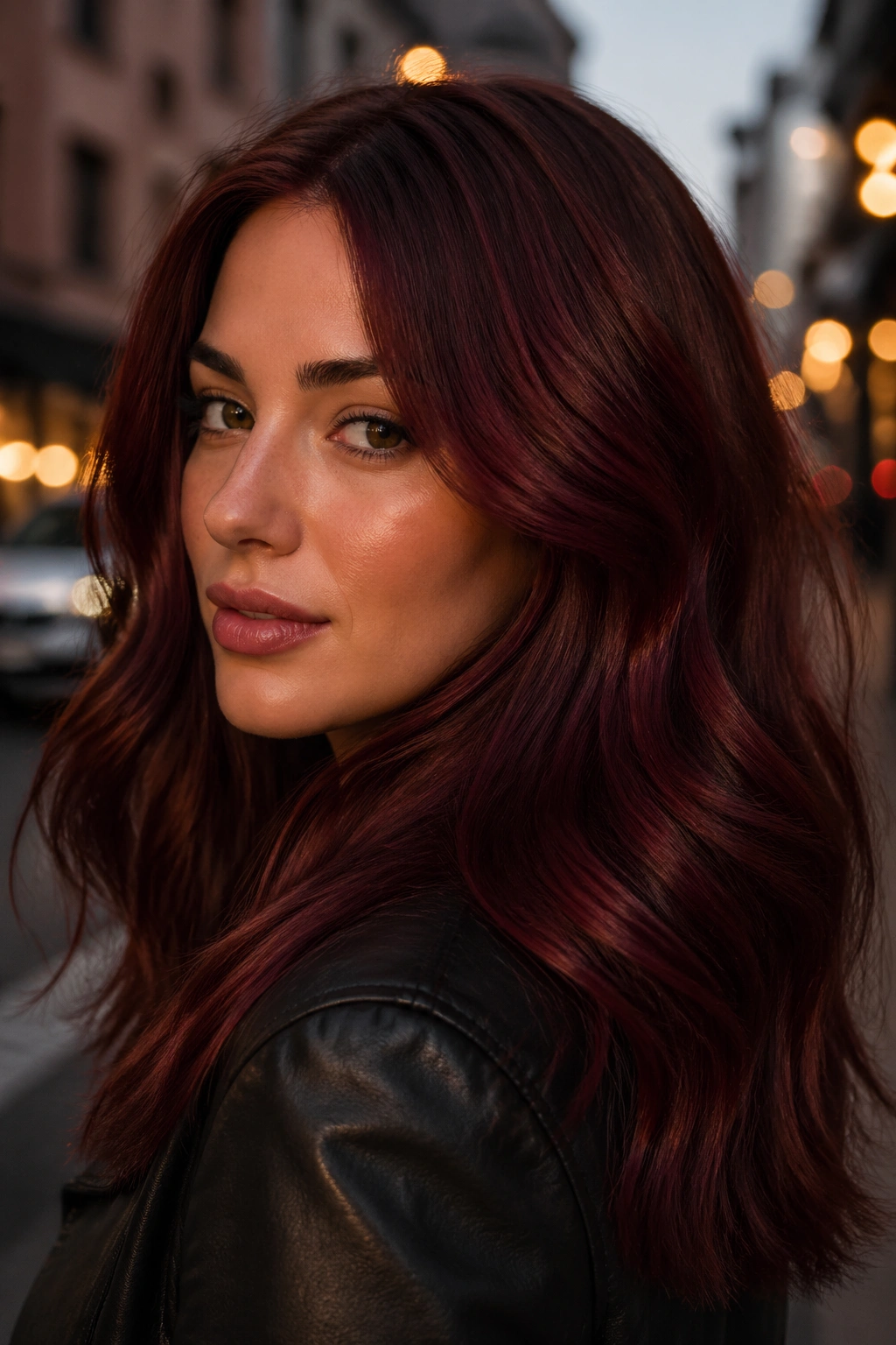 Deep mahogany red hair in dusk urban setting