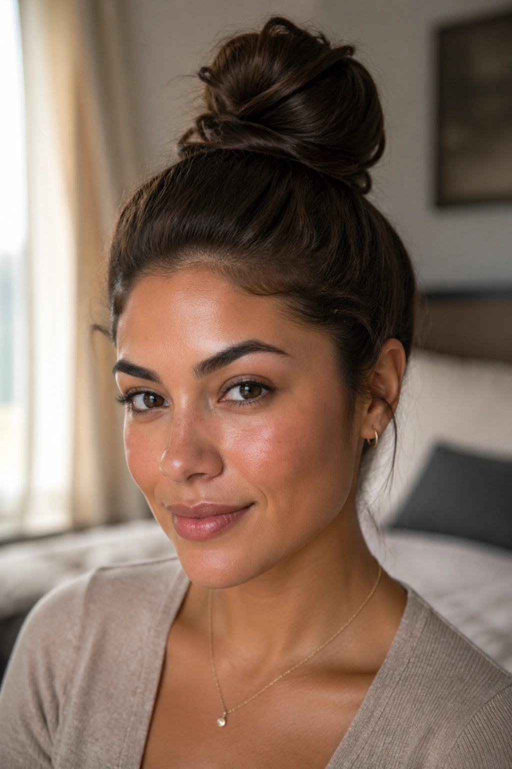 Close-up of a real woman with a deep mocha top knot in a softly lit bedroom.
