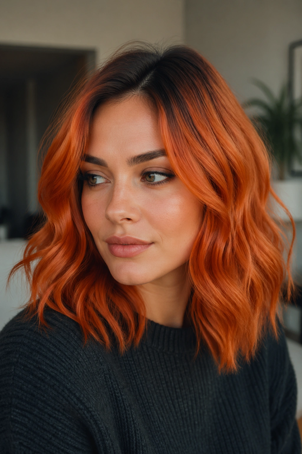 Real woman with deep orange hair and root shadow