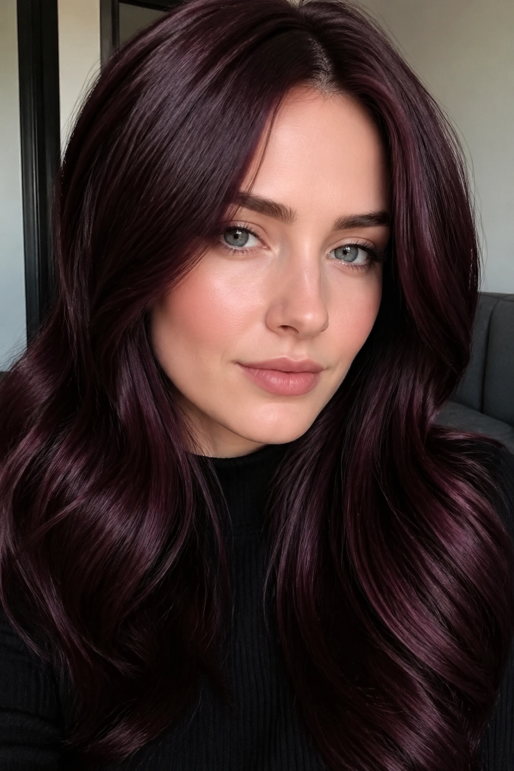 Close-up of deep plum brunette hair catching light