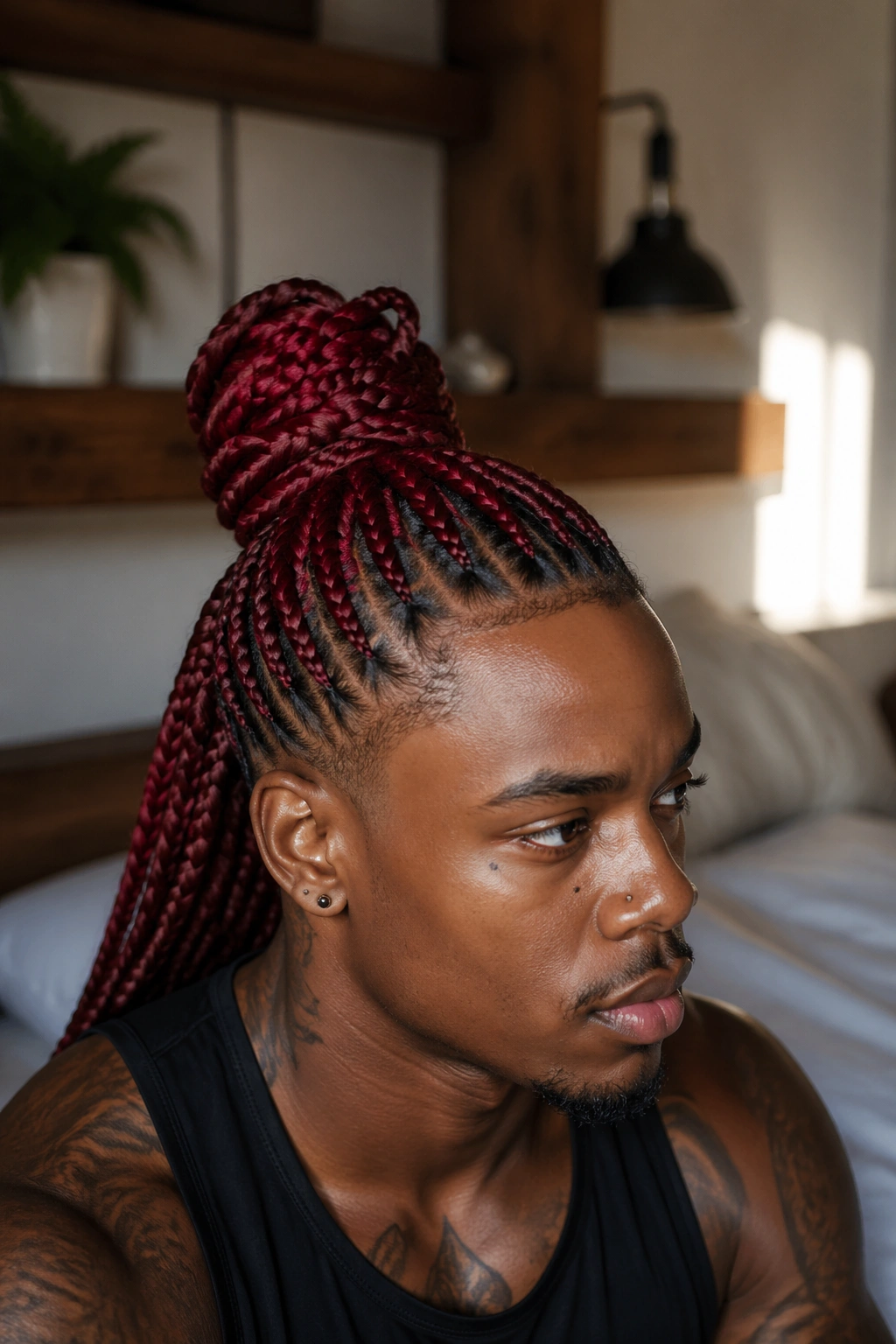 Close-up of a real man with a deep red braided top knot in warm bedroom light