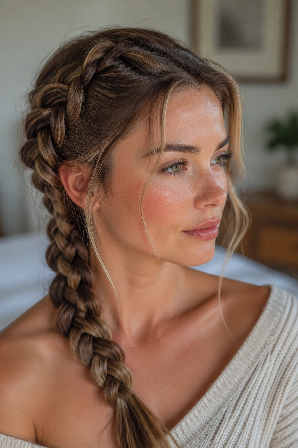 Close-up of a real woman's face with a deep side French braid and loose face-framing pieces along the jaw