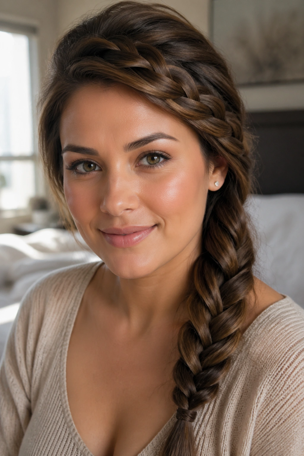 Close-up of a real woman's head with a deep side braid and lifted crown in warm window light