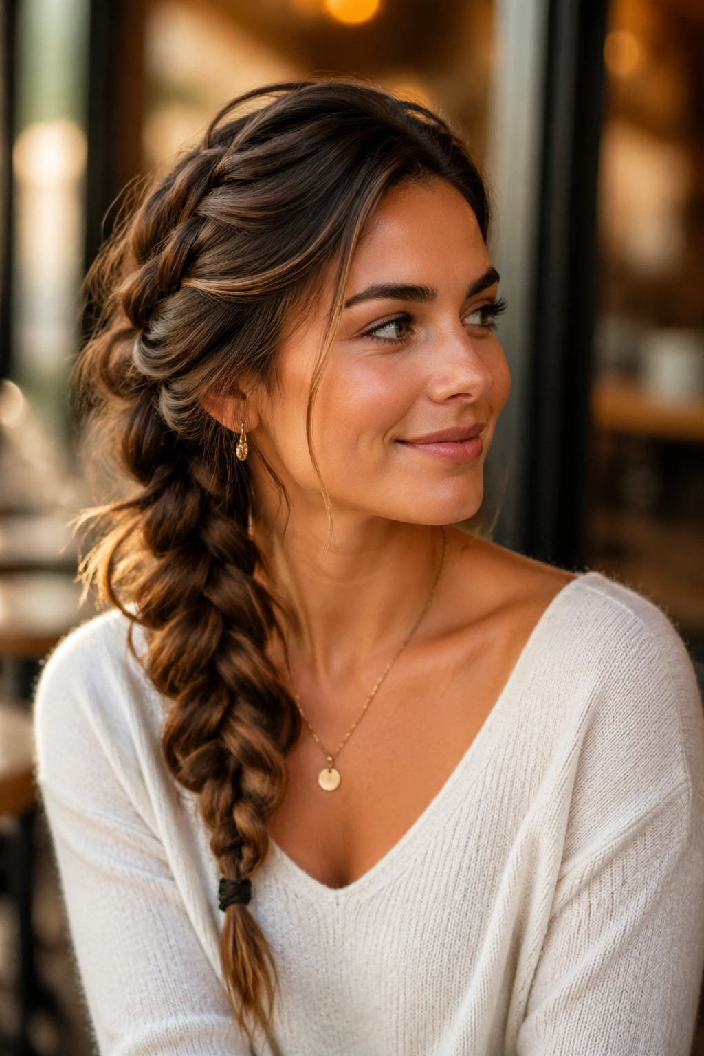 Real woman with a deep side French braid draped over one shoulder during golden hour.