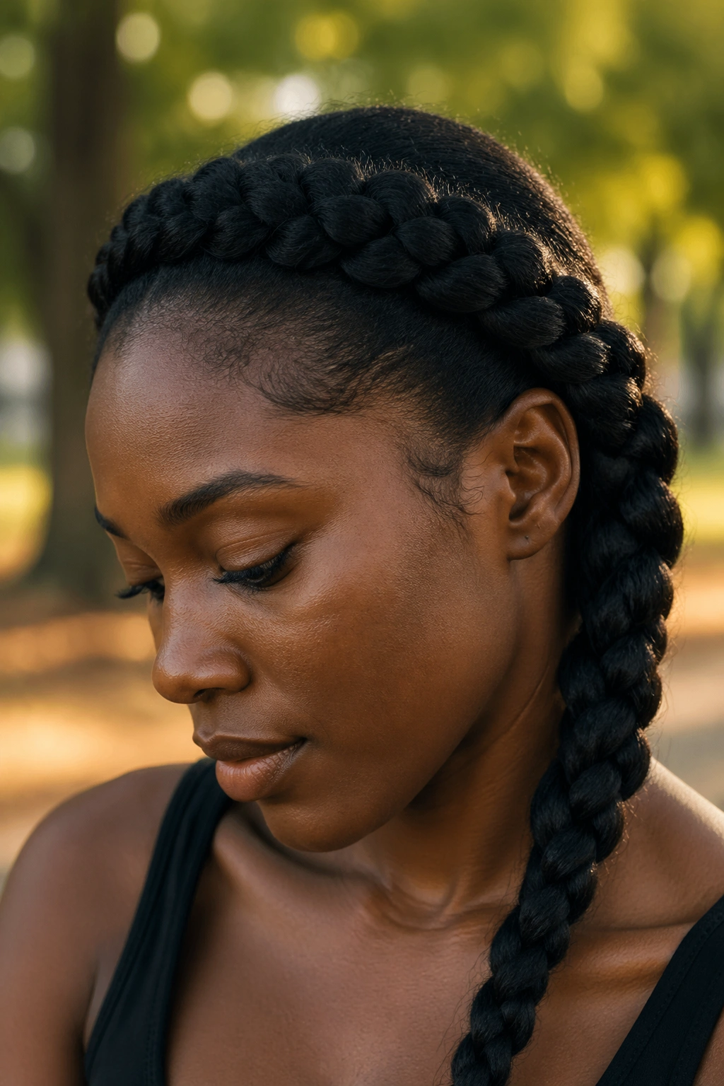 Close-up of a real person with a deep side rope braid sweeping over the head.