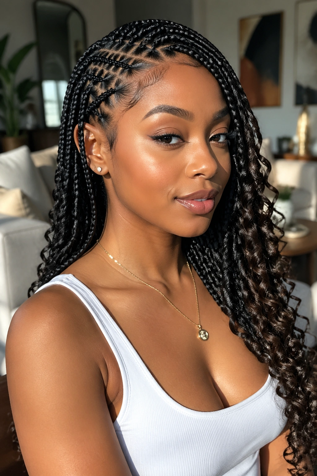 Close-up of a real woman with deep side part knotless braids and cascading curls