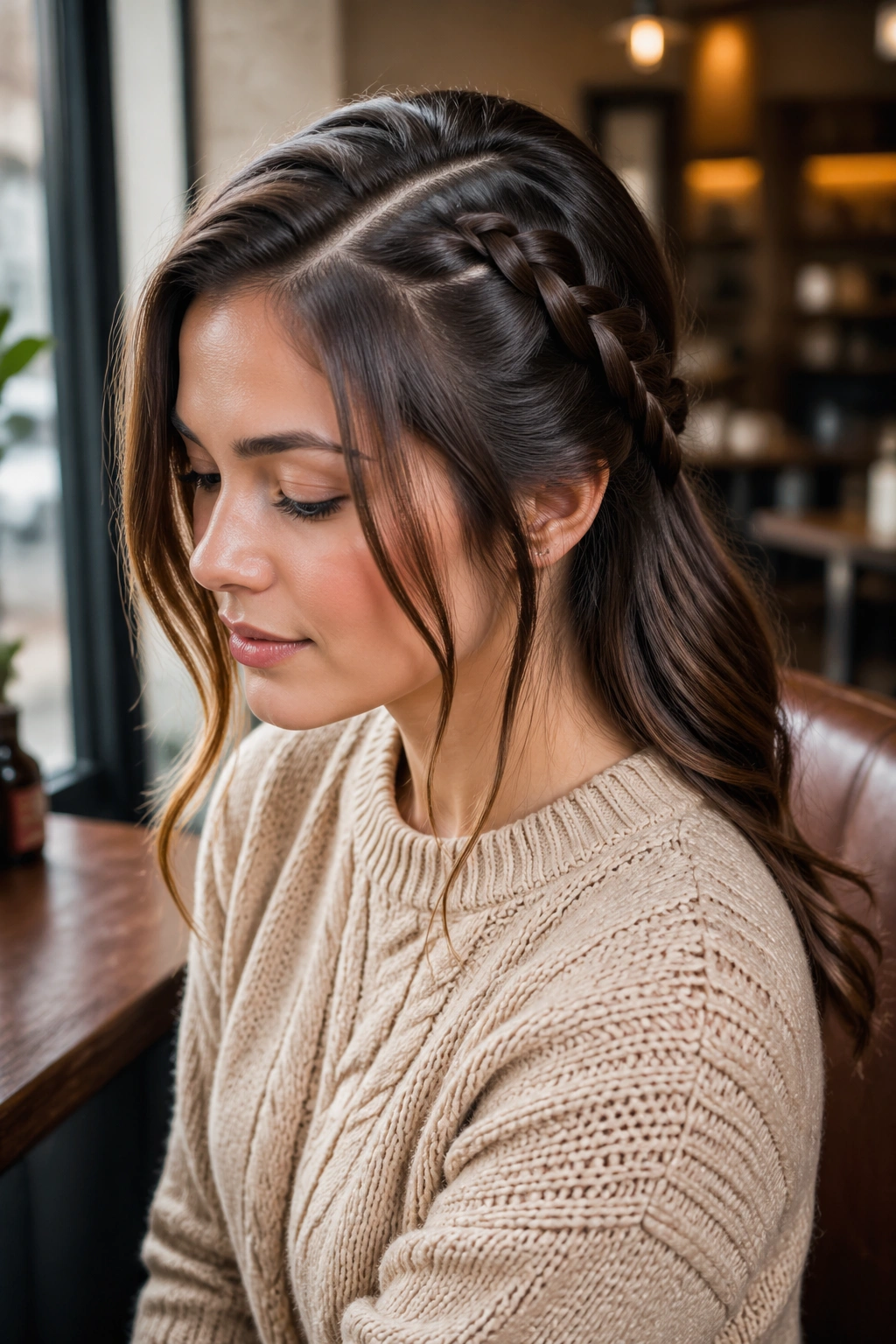 Woman with a deep side French braid and face-framing pieces in a cozy cafe setting