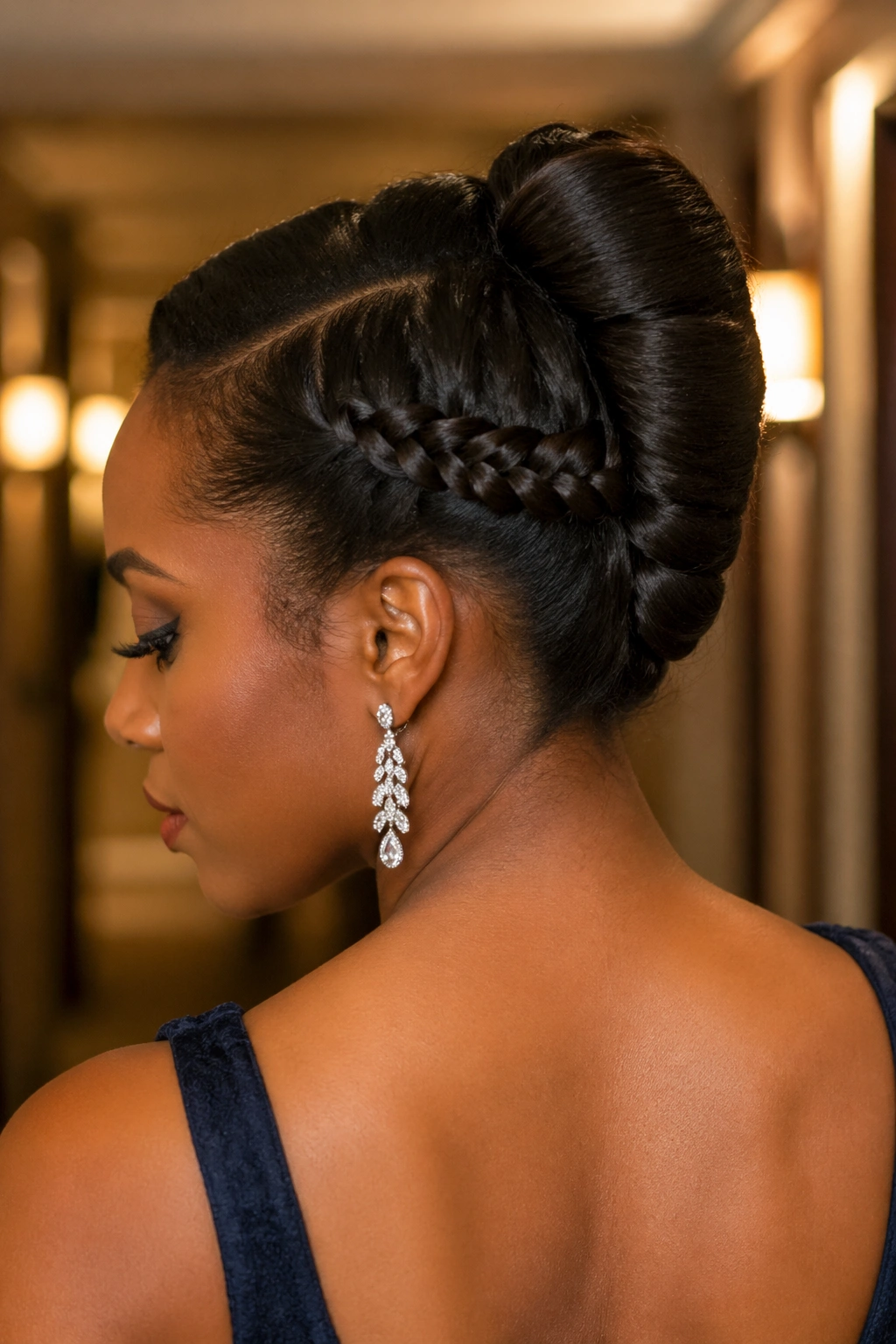 Close-up of a real woman with a deep side lace braid into a French roll